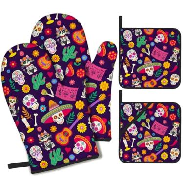 Imagem de Grtfcolr Conjunto de 4 luvas de forno e suportes de panela para Halloween México, luvas de cozinha antiderrapantes resistentes ao calor e pegador de panela para chef, cozinhar, grelhar, churrasco