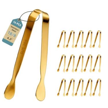 Imagem de Pleafind 16 peças mini pinças de servir - 11 cm, mini pinças de aço inoxidável 18/8 de grau alimentício, acessórios de charcutaria polida espelhada para cafeterias, festas de chá, bares, balde de