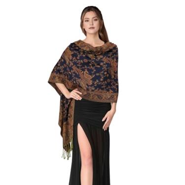 Imagem de PASKMLNA Xale pashmina reversível Paisley com cores elegantes, Paisley floral marrom marinho, Large