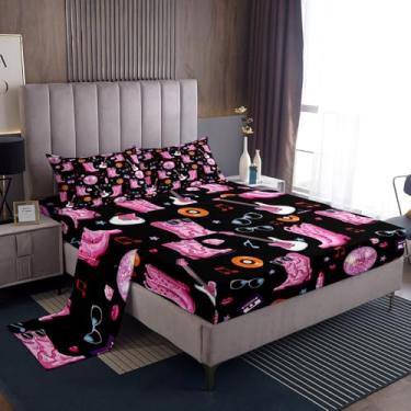 Imagem de Erosebridal Jogo de lençol de cima para mulheres, meninas, solteiro, com tema de música cowgirl, violão, ferradura ocidental, bola de discoteca, 3 peças, para fãs de música