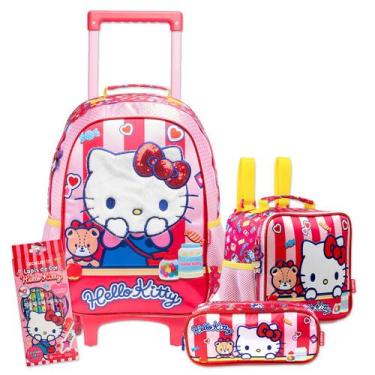 Imagem de Kit Completo Mochila Carrinho Hello Kitty Escolar Meninas - Xeryus