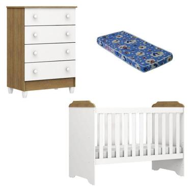 Imagem de Berço Americano Mini Cama E Cômoda Mel Flat Branco Acetinado Amadeirado Com Colchão Ortobom