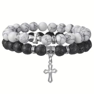 Imagem de Conjunto de pulseiras para casais com contas de pedra vulcânica fosca para mulheres e homens, preto e branco, 8 mm, One Size, Argila de polímero Resina, Sem Pedra Preciosa Pedra de lava