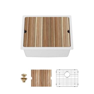 Imagem de Mocoloo Pia de cozinha composta de granito de 53 cm - Estação de trabalho de borda subterrânea branca de 53 x 45,7 cm, pia de barra única de quartzo branco fosco