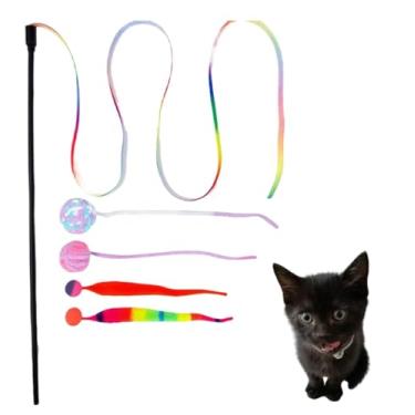 Imagem de 5 peças de brinquedos de varinha provocadora de gato, brinquedos interativos para gatinhos internos, 1 brinquedo de corda arco-íris, 2 bolas saltitantes de insetos arco-íris e 2 bolas de lã com um