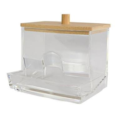 Imagem de Porta Cotonetes de Acrílico com Tampa de Bambu, Organizador de Banheiro Transparente, Suporte para Algodão