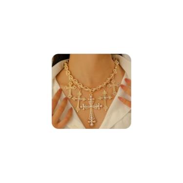 Imagem de Mexegy Colar com pingente de cruz grossa exagerada para mulheres, gargantilha de clavícula de zircão com cruz hip-hop grossa, presente de aniversário personalizado, Large, Liga de aço, Sem Pedra