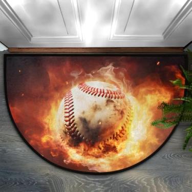Imagem de Tapete de porta meio redondo, esportivo, beisebol, fogo, antiderrapante, absorvente, semicírculo, tapetes laváveis, para ambientes internos e externos, pátio, cozinha, banheiro, entrada, lareira