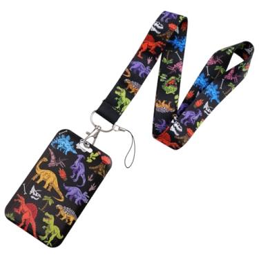 Imagem de BKBKAAK Cordão de dinossauro legal com porta-cartão de identificação, porta-crachás de plástico vertical, T-Rex colorido, padrão de estegossauro em fundo preto, alça de pescoço macia para crianças