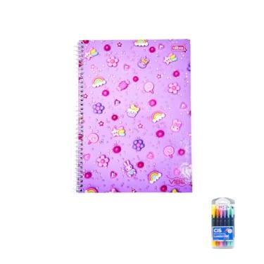 Imagem de Kit Caderno Universitário Vibe Feminino 160F + Caneta Point 88 10 Cores + Marca Texto Gel Pastel 6 Cores