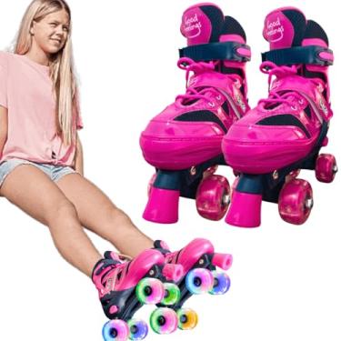 Imagem de Patins Infantil 4 Rodas Rosa Menina Feminino e Menino Masculino Com Roda Led RGB colorido Patis Quad Good Feelings Para Iniciante Brinquedo Presente Criança 5 Anos (Rosa com Azul Escuro, M35-38)