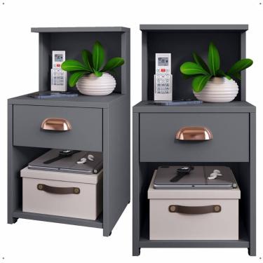 Imagem de Kit 2 Mesas de Cabeceira Cléo Cinza Perolizado 1 Gaveta Puxador Concha Nicho Prateleira Suspensa Lateral Cama Box Quarto - Lojas RPM