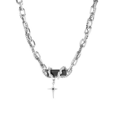 Imagem de Joiyamoira Colar gargantilha de corrente grossa preta e prata, preto e prata com pingente de estrela, estilo punk gótico Y2K, comprimento ajustável, unissex