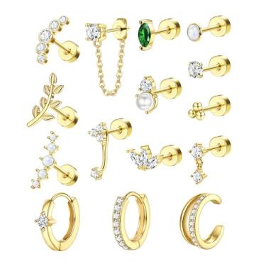 Imagem de ZELORES Conjunto de brincos femininos com costas planas para cartilagem de argola para vários piercings de aço inoxidável, pequeno, tragus, hélice, joias, brincos banhados a ouro 18 quilates, Aço