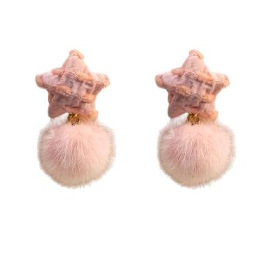 Imagem de Brincos de pompom para mulheres, rosa, azul, coração pompom, estrela, brincos fofos de inverno, joias de Natal, presentes, Large, Metal, Sem pedra preciosa