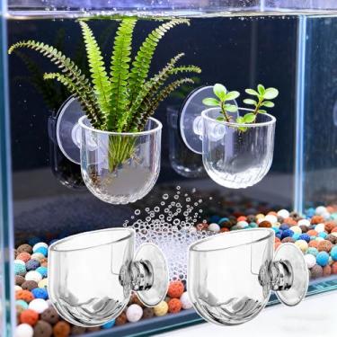 Imagem de 2 peças de vaso de plantas de aquário, suporte de plantas de aquário de vidro, copo de plantas com ventosas para ornamento de aquário de peixes, decoração de aquário (pequeno, 5 x 4 x 3,5 cm)