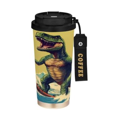 Imagem de YETTASBIN Caneca de café de viagem com isolamento térmico de dinossauro de 500 ml com canudo, copo à prova de vazamento e vazamento com alça para bebida quente e fria, garrafa de água de aço