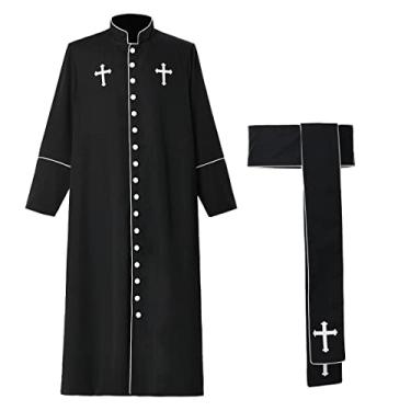 Imagem de BPURB Traje De Padre Masculino, Batina Romana Com Gola Alta E Cinto (Preto, Grande)