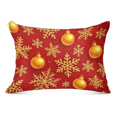 Imagem de Capa de travesseiro de flanela grande vermelha de Natal dourada com zíper longo King Queen tamanho padrão fronha macia grande para o corpo, tamanho do corpo, 53 cm x 137 cm