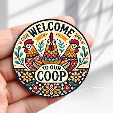 Imagem de Ímã de geladeira vintage Welcome to Our Coop Sign with Chickens Design - Adesivo de geladeira redondo acrílico de 5,8 cm, presente de decoração retrô, tamanho perfeito para geladeira, armário ou