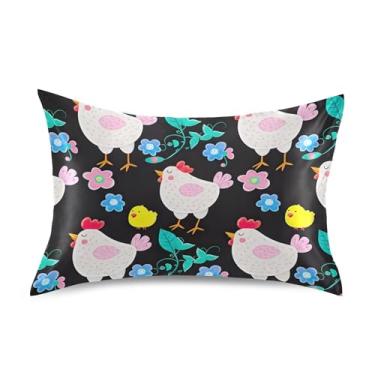 Imagem de Fronha padrão King Queen com desenho fofo galinhas floral preto cetim fronha floral luxo refrescante decoração de cama fronha tamanho king 101,6 cm x 50,8 cm