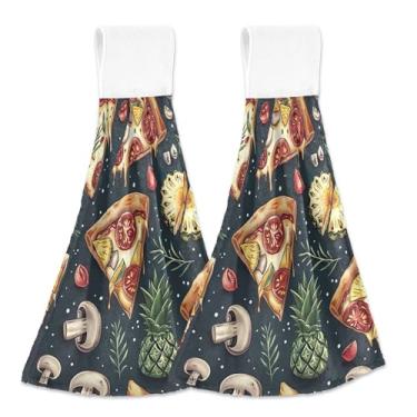 Imagem de Toalhas de cozinha vintage de pizza verde escuro com laço para pendurar toalhas de banho absorventes conjunto de 2, toalha de cozinha personalizada para decoração de casa 18,2 x 14 polegadas