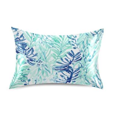 Imagem de Fronhas Engraçadas Aquarela Azul Turquesa Folhas Cetim Refrigeração Padrão Queen King Fronha Design para Cama de Casa Sofá Queen Size 76.2 cm x 50.8 cm