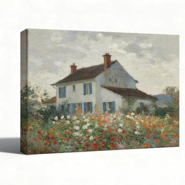Imagem de Arte de parede em tela, casa de campo com paisagem de jardim florescendo, reprodução de pintura a óleo de flores impressionistas, decoração de parede de casa de fazenda, embrulhada para galeria