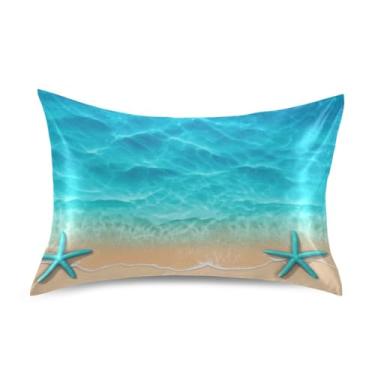Imagem de Fronhas de cetim azul claro estrela do mar areia praia engraçada resfriamento padrão queen king size fronhas confortáveis personalizadas tamanho Queen 76.2 cm x 50.8 cm