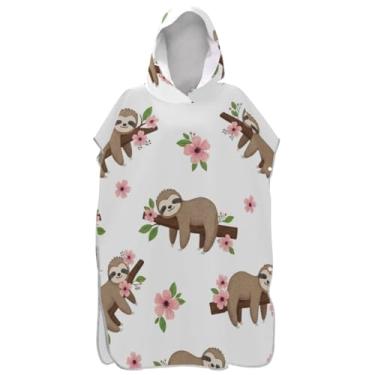 Imagem de Joisal Poncho de surfe para adultos trocador de roupão de praia com capuz toalha floral leve adulto ponchos para mulheres preguiças fofas flores rosa branco