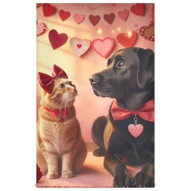 Imagem de Joisal Valentine Love Pets Conjunto de toalha de prato de cozinha gato cachorro decorativo bonito toalha de chá de mão panos de prato absorventes de secagem rápida 45 x 71 cm, pacote com 4