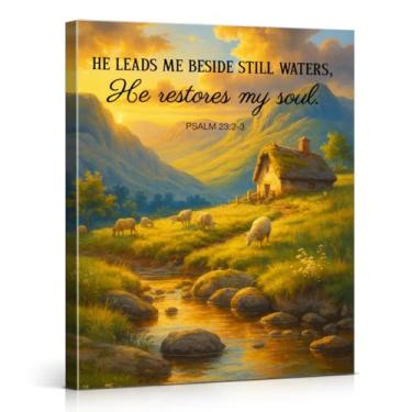 Imagem de Impressão de arte de parede em tela com versículo bíblico Salmo Cristão 23:2-3 Escritura Pôster Imagem Arte Religiosa Moderna Emoldurada para Decoração de Parede de Escritório em Casa 20 x 25 cm