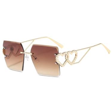 Imagem de HCPIHF Óculos de sol retrô sem aro feminino e masculino com decoração em metal e armação Uv400 (chá dourado degradê)