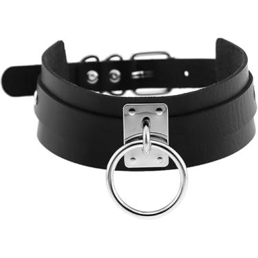 Imagem de Acecare Colar de couro preto com corrente de ouro e sino – Colar gargantilha ajustável para mulheres, conjunto de gargantilha de couro sintético para cosplay, moda gótica e dramatização, universal