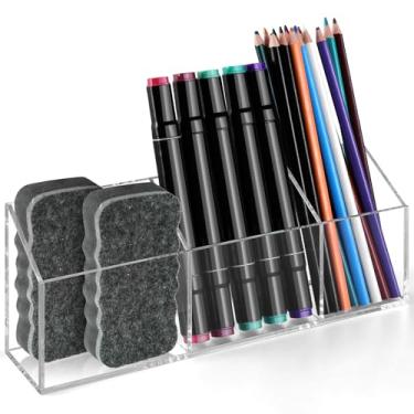 Imagem de AFOROEOA Suporte magnético para caneta, suporte magnético apagável a seco com 3 compartimentos, suporte de marcador de acrílico para quadro branco para geladeira, escritório, sala de aula, copo de