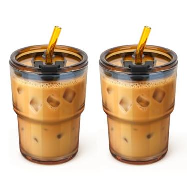 Imagem de Luxfuel Copo de vidro borossilicato de 473 ml com tampa e canudo, copo reutilizável para café gelado, chá e suco, pode ser lavado na lava-louças, ideal para casa, escritório, viagens e uso ao ar livre