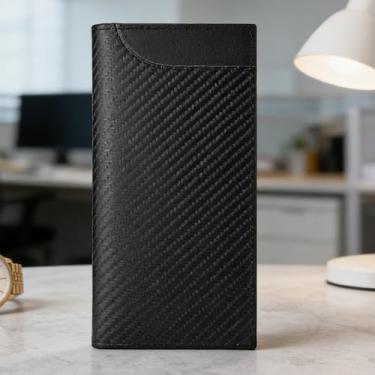 Imagem de Carteira multicartão universal simples preta com vários compartimentos de microfibra de grão cruzado, layout funcional com clipe magnético forte para dinheiro