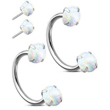 Imagem de OUFER 2 argolas de nariz de aço cirúrgico 316L com pedras duplas, argolas de nariz de opala de ferradura sem rosca de 20 g para homens e mulheres, lábio de septo, sobrancelha, hélice de torre Daith