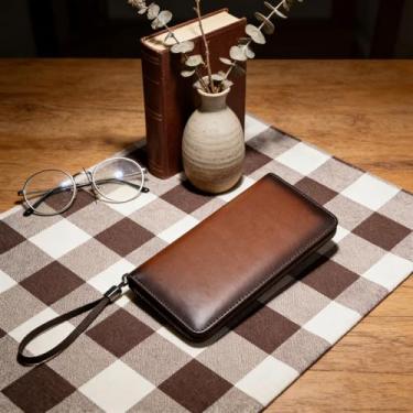 Imagem de Carteira masculina marrom claro com vários compartimentos, tecido aberto, couro macio, fácil de carregar, marrom claro, design aberto com vários compartimentos, padrão de tecido, fácil de transportar