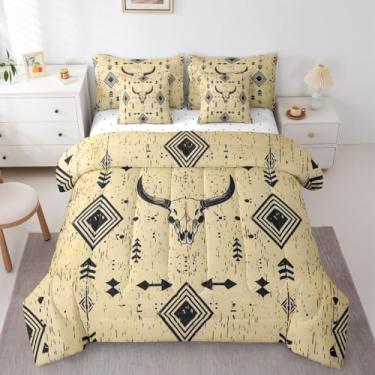 Imagem de Erosebridal Conjunto de edredom com 7 peças de caveira de touro ocidental preto e amarelo | Lençóis e fronhas geométricas de cabeça de vaca arte minimalista abstrata em uma bolsa, adultos, homens e