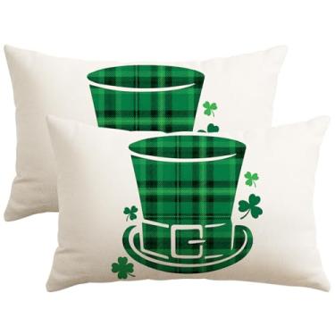 Imagem de Artscope Conjunto de 2 capas de almofada xadrez búfalo chapéu verde Dia de São Patrício 30,5 x 50,8 cm, fronhas de decoração de férias para sofá de casa