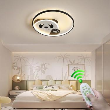 Imagem de Luminária de teto LED dimerizável para ambientes internos, em formato de panda, feita de ferro, na cor preta, com controle remoto. Ideal para quartos infantis, restaurantes e salas de estar.