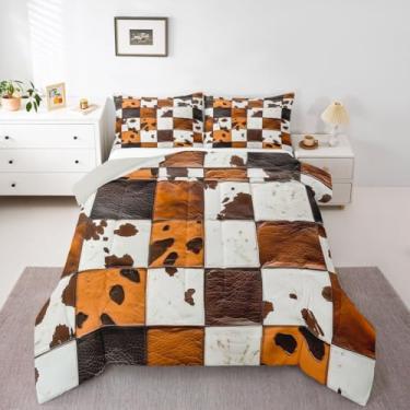 Imagem de jejeloiu Conjunto de cama rústico de couro de vaca com estampa de vaca para meninos e meninas, edredom Queen com estampa de pele de vaca, microfibra de fazenda, decoração de quarto, 3 peças com 2