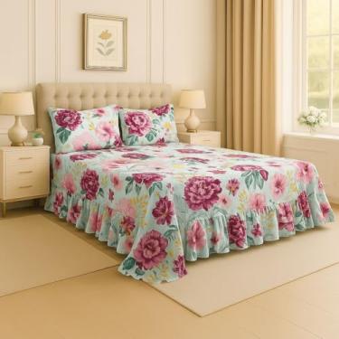 Imagem de Kit Lençol Queen 3 Peças Micropercal Toque de Algodão com Babado e Fronhas Premium (Verde Romântico)