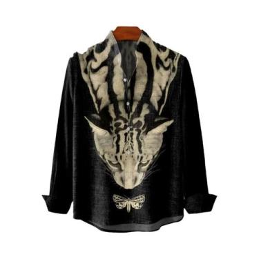 Imagem de Camisa De Linho Masculina Com Estampa Retrô De Gatinho, Manga Longa, P
