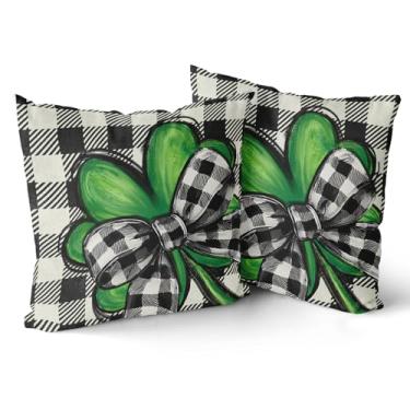 Imagem de Giwawa Conjunto de 2 capas de almofada de dia de São Patrício, fronhas decorativas com laço trevo trevo, xadrez búfalo, dupla face, algodão cuchion para sofá, pátio, quarto, 50 x 50 cm
