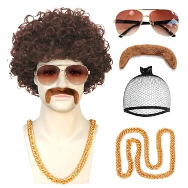 Imagem de Touca de cabelo + bigode + colar + óculos, 5 peças de peruca afro para homens, perucas curtas e encaracoladas marrom dos anos 70, roupas para homens, fantasias para perucas afro encaracoladas, peruca