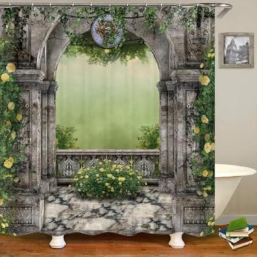 Imagem de Cortina de chuveiro com paisagem de jardim em arco 3D, tecido de poliéster impermeável, banho, floresta, cachoeira, cenário natural, decoração de casa, 57 x 83 pol. x 145 x 210 cm/LxA, cortina de