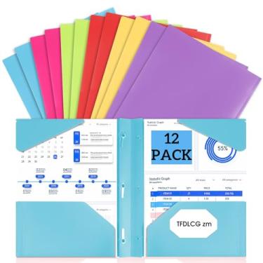 Imagem de 12 pastas de plástico com bolsos e pontas, pastas resistentes de 3 pinos com 2 bolsos para documentos, pasta de arquivo colorida de volta às aulas, tamanho carta, cores sortidas