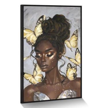 Imagem de Arte de parede emoldurada mulher afro-americana com borboletas amarelas arte de parede mulher negra decoração para quarto, sala de estar, escritório, corredor - 91 cm C x 60 cm L